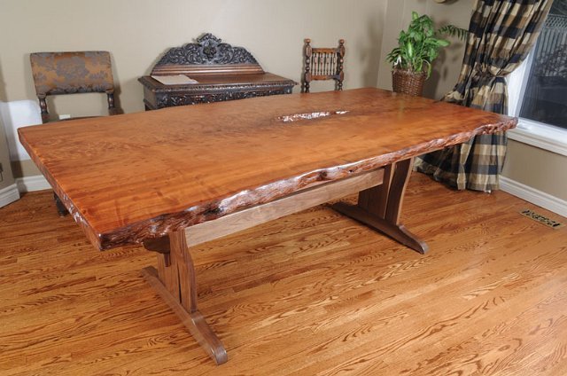 Redwood dining Table with Curved Walnut Base